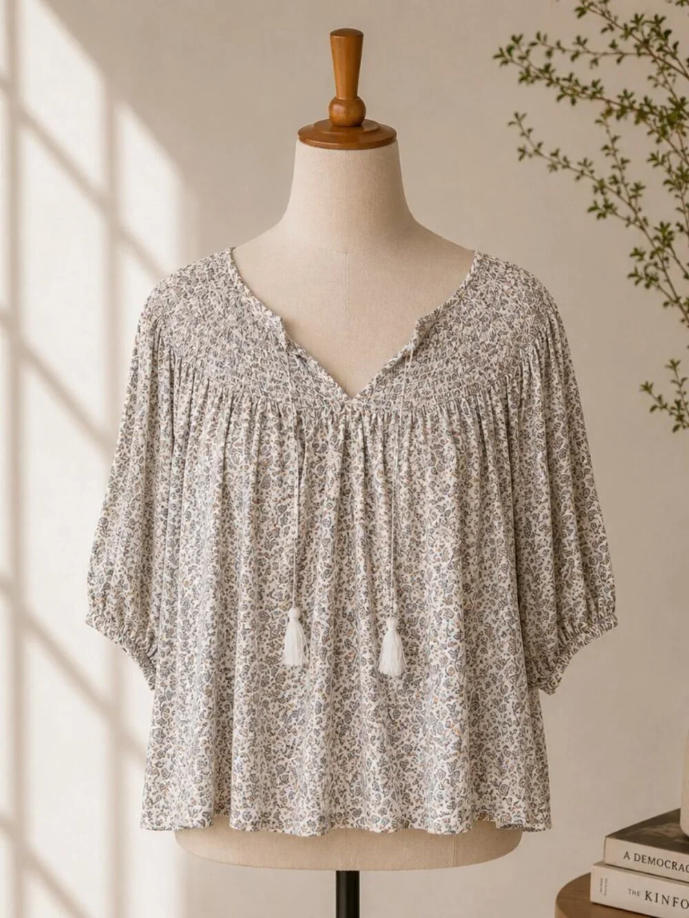 Old Navy Ditsy Floral Smocked Blouse XL Boho Peasant Tassel Tie Puff Sleeve